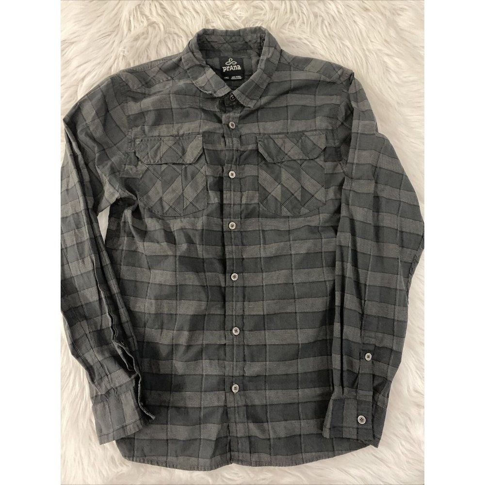 Prana mens long sleeve button up shirt L gray plaid